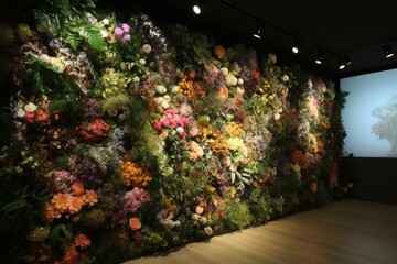 Continuous wall covering featuring blooming plants. Generative AI