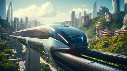 a high-speed futuristic train that moves on a monorail over a bridge over a metropolis, the city is beautifully landscaped with plants
