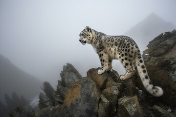 In the misty mountains, a rare snow leopard gazes stoically. Generative AI