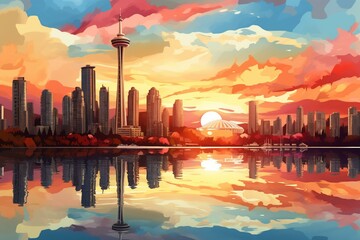 Fototapeta premium Illustration of Vancouver skyline and sunset reflected in water. Generative AI