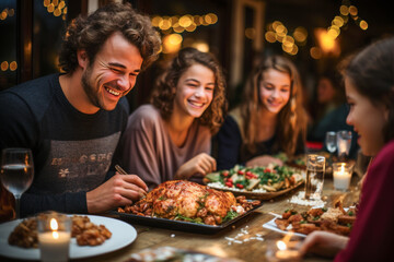 Happy family at Christmas dinner with plenty of food on the table