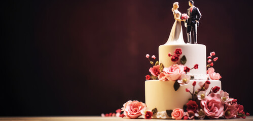 Bride and groom figurines placed on a wedding cake. Marriage and wedding day concept. With copy space.