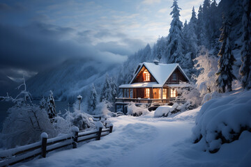 Naklejka premium Cozy wooden house nestled in a winter wonderland