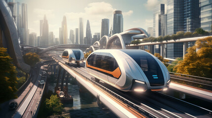 a high-speed futuristic train that moves on flights on a bridge through a metropolis that is beautifully landscaped with plants