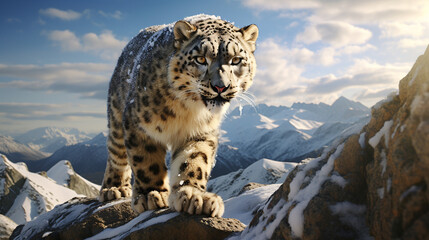 portrait of a snow leopard in a natural environment in snowy mountains