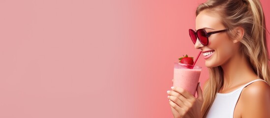 Lady sipping refreshing blended fruit beverage With copyspace for text - obrazy, fototapety, plakaty