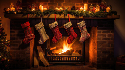 Christmas stockings strung up in a row on a fireplace mantle during christmas time as part of the festive decorations.