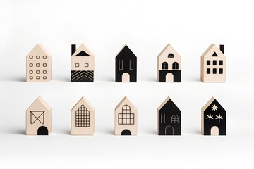 白と黒の住宅のアイコンセット（3D）楽しい街並みと街づくり。