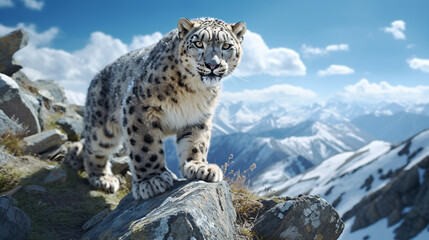 portrait of a snow leopard in a natural environment in snowy mountains
