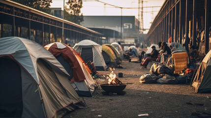 Tent Rows of Endurance: Portraits of Urban Hardship, Generative AI - obrazy, fototapety, plakaty
