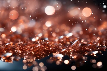 Fototapeta na wymiar Abstract background with bokeh defocused lights and snowflakes. Rose golden or Salmon Glitter Background for Christmas or Special Occasion. 