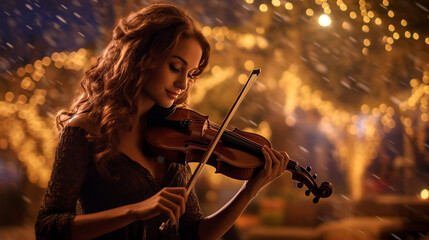 Fototapeta premium a girl plays the violin in the evening on the street where it is snowing, and in the background festively decorated trees with garlands