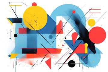 Modern artwork features deconstructed postmodern inspired abstract symbols with bold geometric shapes.