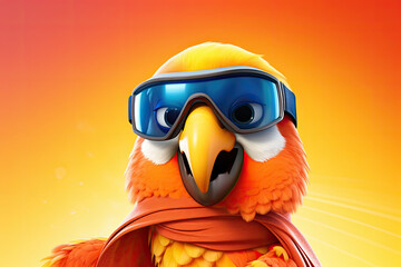 Petfluencers - A Parrot's Frosty Fantasy: Soaring Through Winter Adventures in Style on Orange Background - obrazy, fototapety, plakaty