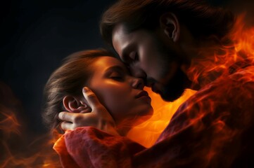 Couple passion love fire. Romantic couple seductive flame kiss. Generate ai