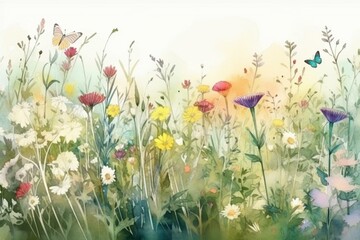 Beautiful watercolor illustration of wildflowers, herbs, and butterflies in a panoramic meadow. Perfect for cards, banners, and designs. Generative AI