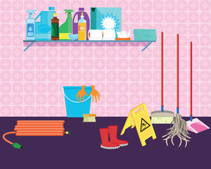 hygiene and cleaning products stored in a storage closet.