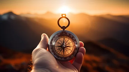  Compass in Travelers Hands Your Navigation Tool for Morning Sun Mountain Adventure,ai generated © Tonton54