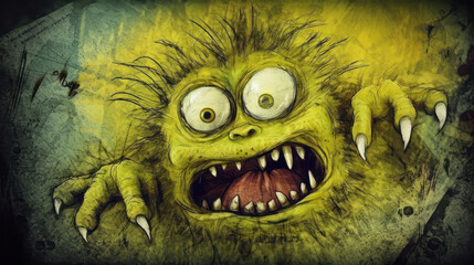 Illustration of a monster in shades of chartreuse. Halloween.