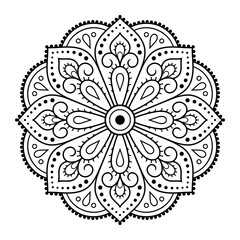 Circular pattern in form of mandala with flower for Henna, Mehndi, tattoo, decoration. Decorative ornament in ethnic oriental style. Outline doodle hand draw vector illustration.