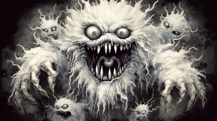 Illustration of a monster in shades of dark white. Halloween.