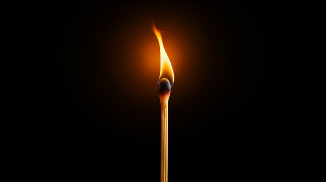 one match that started burning on a black background close-up