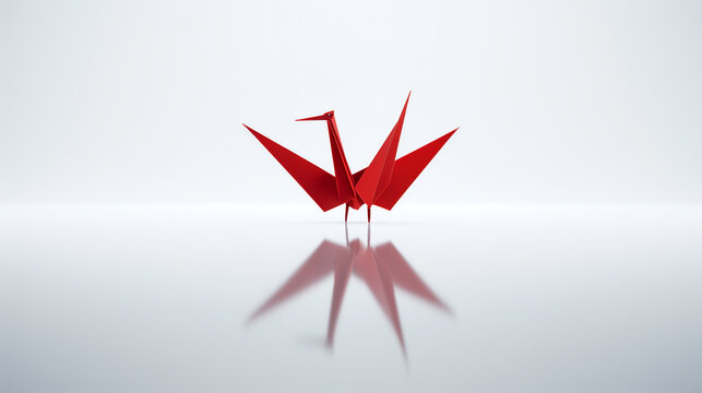 beautiful origami crane made of red paper on white background and glossy floor with reflection