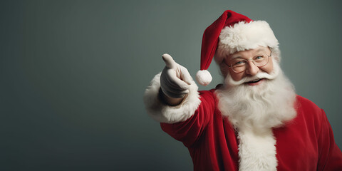Naklejka premium Santa Claus pointing in front of a plain green background