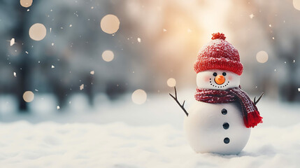 Christmas winter background with snowman and blurred bokeh. Happy greeting card - obrazy, fototapety, plakaty