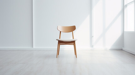 beautiful stylish designer chair in empty white room with good lighting from window on light floor