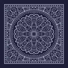 Circular pattern in form of mandala with flower for Henna, Mehndi, decoration. Blue decorative ornament in ethnic oriental style for a bandana. Outline doodle hand draw vector illustration.
