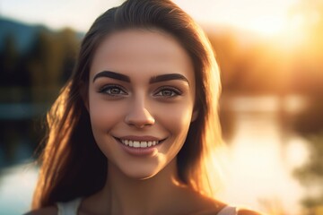Fototapeta premium Female smiling face with lake background. Woman on summer nature recreation vacation. Generate ai
