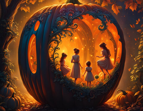 Digital painting style illustration of pumpkin fairies and jack-o-lanterns in a autumn forest. Concept of Halloween and fall. Digital illustration. CG Artwork Background