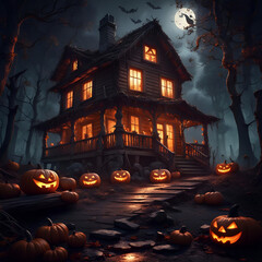 Horror house with jack-o-lanterns under full moon. Concept of Halloween. Digital illustration. CG Artwork Background