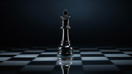 beautiful black shiny chess piece king on a black background and on a black and white glossy chessboard