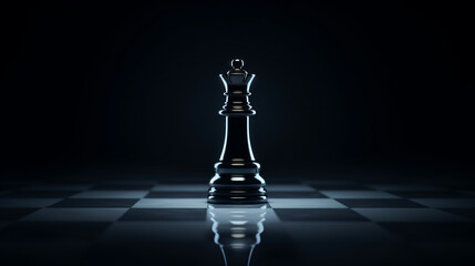 
beautiful black shiny chess piece queen on a black background and on a black and white glossy chessboard - obrazy, fototapety, plakaty