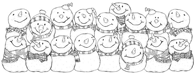 Smiling Snowmen. Winter. Christmas, Happy New Year. Adult Coloring Book page. Black and white. Doodle.