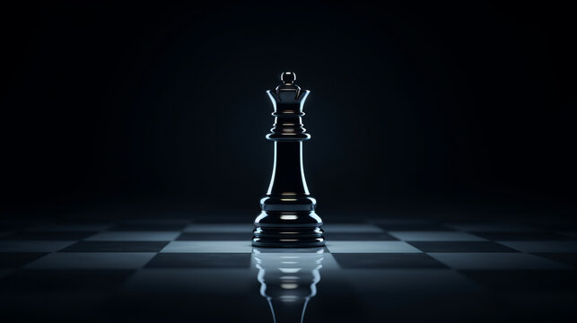 
beautiful black shiny chess piece queen on a black background and on a black and white glossy chessboard