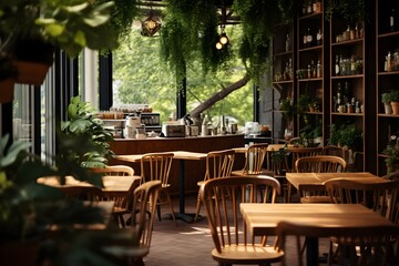 Fototapeta premium A cafe with wooden furniture and lots of greenery.