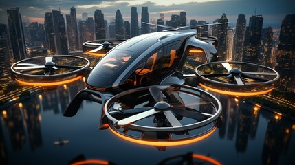 An innovative EVTOL aircraft with futuristic capabilities for vertical takeoff and landing. - obrazy, fototapety, plakaty