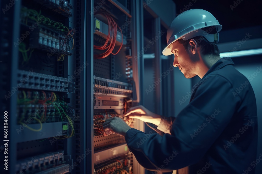 Poster technician checking fuse box. professional electrician worker fixing voltage box. generate ai