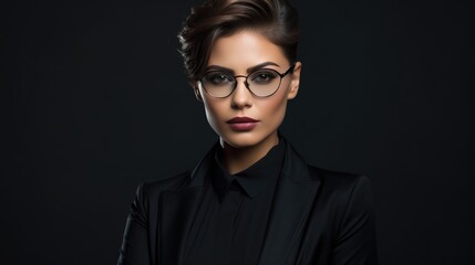 Fototapeta premium Brunette woman in black fashionable clothes on a black background. Women's beauty and fashion.