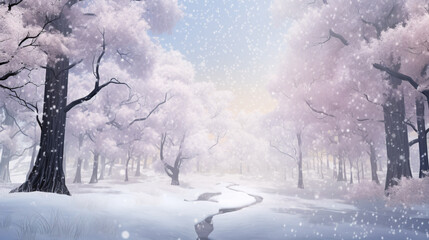 A wintry fantasy woodland featuring flurries of snow.