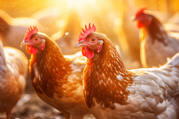 Red farm chickens on a free range in the rays of the sun 1