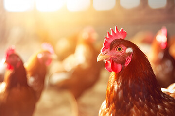 Red chickens are free grazing in the rays of the sun on the farm