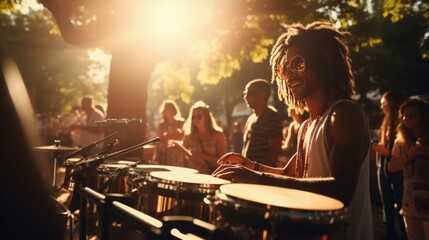 Fototapeta na wymiar Festival Music Band Playing Percussion Instruments In Park. Сoncept Sunset Beach Photoshoot, Romantic Couples, Natural Waterfalls, Adventure Travel Destinations