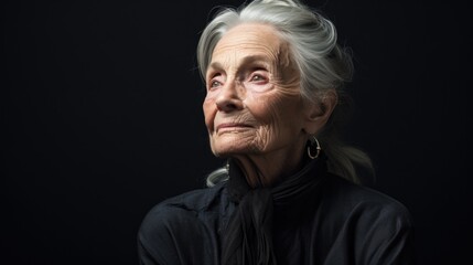 Portrait of an elderly stylish lady. Decent old age and pension. Feminine beauty.