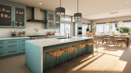 kitchen remodel with a coastal modern design, featuring clean lines and ocean-inspired colors