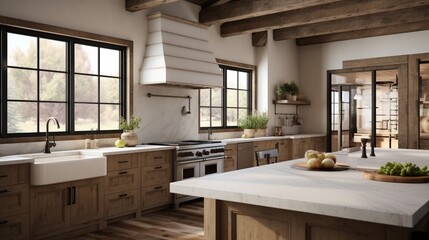 kitchen with a modern farmhouse aesthetic, incorporating rustic wood and farmhouse sinks