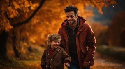 Heartwarming Embrace Of A Father And Son Against An Autumn Backdrop. Сoncept Nature-Inspired Maternity Shoot, Romantic Sunset Couple Portraits, Vibrant Street Style Fashion Shoot